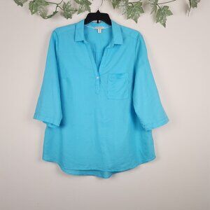Saint Tropez West Size 1X Blue Linen Blend 3/4 Roll Tab Sleeve Top Blouse